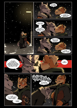 anthro black_clothing black_jacket black_topwear blush bowing clothing dialogue eye_patch eyewear fur green_clothing green_hoodie green_topwear grey_body grey_fur hoodie jacket kiss_on_lips kissing laugh male male/male night orange_body orange_fur smile sniffing snow snowing speech_bubble street_lamp text topwear mashtateos nintendo star_fox fox_mccloud wolf_o'donnell canid canine canis fox mammal wolf absurd_res comic english_text hi_res