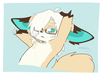 anthro blue_eyes blush bodily_fluids brown_body brown_ear_tips brown_ears brown_fur dipstick_ears ear_markings eyebrows eyelashes eyewear fur glasses hair hair_over_eye long_hair looking_at_viewer male markings multicolored_ears safety_pin simple_background solo stretching sweat sweatdrop tan_body tan_fur turquoise_inner_ear wearing_glasses white_body white_eyebrows white_eyelashes white_fur white_hair young young_anthro young_male maplefox canid canine fennec_fox fox mammal true_fox hi_res