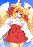 2024 2_tails accessory anthro asian_clothing bell blonde_hair blush bottomwear breasts brown_body brown_fur canid canine clothing cute_fangs digital_media_(artwork) dipstick_ears dipstick_tail east_asian_clothing female female_anthro fingers fluffy fox fur gloves_(marking) hair hair_accessory hakama hands_on_hips head_tilt hi_res horokusa0519 inner_ear_fluff japanese_clothing jingle_bell kemono long_hair looking_at_viewer mammal markings miko_outfit multi_tail multicolored_body multicolored_ears multicolored_fur multicolored_hair multicolored_tail nio_(horokusa) open_mouth portrait red_eyes ribbons shrine_maiden small_breasts solo tail tail_markings three-quarter_portrait tongue tuft twintails_(hairstyle) white_body white_fur white_hair yellow_body yellow_fur
