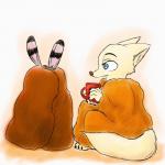 ambiguous_gender anthro barefoot bedding blanket blue_eyes container cup duo ear_markings facial_markings feet fur head_markings holding_container holding_cup holding_object looking_at_another markings simple_background sitting white_background white_body white_fur marema_kishin disney zootopia jack_savage skye_(zootopia) arctic_fox canid canine fox lagomorph leporid mammal rabbit true_fox 1:1 2018 hi_res