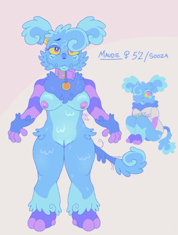 anthro areola bangs blue_body blue_fur blush blush_lines breasts collar eyelashes female fluffy freckled_face freckles fur genitals long_eyelashes markings nipples pigtails pink_markings pink_nipples pose smile solo tuft vulva wide_hips theredlace big_blue_bubble dawn_of_fire mountain_dew my_singing_monsters fan_character monster pomily sooza absurd_res hi_res model_sheet pinup