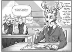 anthro antlers bullying clothing dialogue eating group horn lunch male school school_uniform text trio uniform sunny_frostwolf beastars background_character fan_character ibuki_ii_(greatlizardwizard) canid canine canis hybrid mammal wolf absurd_res english_text hi_res monochrome