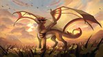 all_fours feral flower grass looking_up outside plant side_view ski solo spread_wings standing sunset wings farenforest mythology wings_of_fire dragon mythological_creature mythological_scalie sandwing_(wof) scalie hi_res