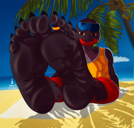 5_toes anthro beach bottomwear clothing cloud digit_ring eyewear feet foot_fetish foot_focus humanoid_feet jewelry male palm_tree plant plantigrade ring sea shirt shorts solo sunglasses tank_top toe_ring toes topwear towel tree water idel poutcheck poutcheck-san reptile scalie snake absurd_res hi_res