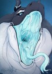 ambiguous_form ambiguous_gender blue_background blue_eyes blue_tongue bodily_fluids drooling fangs forked_tongue front_view grey_body horn looking_at_viewer mouth_shot narrowed_eyes open_mouth saliva saliva_on_tongue saliva_string sharp_teeth simple_background solo teeth text tongue tongue_out white_body santanahoffman mythology dragon hybrid mythological_creature mythological_scalie reptile scalie snake artist_name