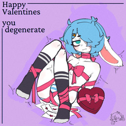 anthro arms_tied blue_hair blush bodily_fluids bottomwear bound bow_ribbon box_of_chocolates bulge candy chocolate clothing dessert femboy floppy_ears food fur hair holidays legwear lop_ears love_letter male panties pattern_bottomwear pattern_clothing pattern_panties pattern_underwear pose restrained ribbons solo striped_bottomwear striped_clothing striped_panties striped_underwear stripes struggling sweat thigh_highs underwear valentine's_day_card white_body white_fur probablyavv valentine's_day avv_(probablyavv) lagomorph leporid mammal rabbit 1:1 2023 pinup shaded simple_shading