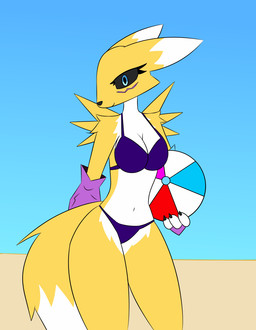 anthro ball beach beach_ball breasts female inflatable medium_breasts solo samuel-neocros bandai_namco digimon canid digimon_(species) mammal renamon digital_drawing_(artwork) digital_media_(artwork) flat_colors