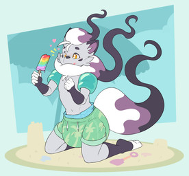 ambiguous_gender anthro beach big_diaper black_body black_ear_tips black_fur black_nose black_tail_tip blue_border blush blush_lines border clean_diaper clothed clothing diaper diaper_peekage diaper_under_clothing diaper_under_swimwear dipstick_ears dipstick_tail ear_markings food fur gloves_(marking) grey_body grey_fur heart_symbol holding_food holding_object holding_popsicle kneeling leg_markings markings multicolored_body multicolored_ears multicolored_fur multicolored_tail navel popsicle purple_body purple_fur sand sand_castle sculpture shell shovel simple_background socks_(marking) solo swimming_trunks swimwear tail tail_markings tools umbrella unusual_anatomy unusual_wings water_wings wearing_diaper white_body white_fingers white_fur wings bubblepuppers nintendo pokemon shiro_(aeonis) generation_8_pokemon hisuian_form hisuian_zorua pokemon_(species) regional_form_(pokemon) hi_res male_(lore)