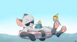 ambiguous_gender anthro beverage blush chill duo eyewear floatie food fur grey_body grey_fur inflatable male outside paws sky smile summer sunglasses umbrella water murcat avian bird domestic_cat felid feline felis mammal