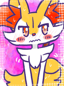 ambiguous_anthro ambiguous_gender anthro biped blush blush_stickers blushing_profusely bodily_fluids fidgeting looking_away mouth_closed object_in_tail simple_background solo stick stick_in_tail sweat sweatdrop tail wavy_mouth annyui0611 nintendo pokemon braixen canid generation_6_pokemon mammal pokemon_(species) 2024 digital_drawing_(artwork) digital_media_(artwork) half-length_portrait hi_res japanese_description portrait translated_description