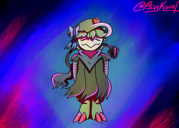 2_toes abstract_background anthro arms_at_sides blue_scarf butterfly_clip claws clothing cybernetic_arm cybernetic_limb cybernetic_tail cybernetics eyes_closed feet female green_body green_clothing green_hair green_shirt green_topwear green_tunic hair hands_behind_back leaf leaf_hair machine plant plant_hair pokemorph pseudo_hair red_claws scarf shirt smile solo tan_body tired toes topwear tunic psykwol nintendo pokemon ellie_(psykwol) animal_humanoid breloom cyborg generation_3_pokemon humanoid pokemon_(species)
