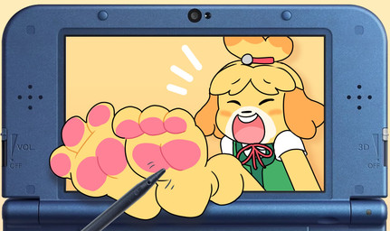 3_toes accessory anthro barefoot blonde_hair buckteeth clothed clothed_anthro clothed_female clothing electronics eyes_closed feet female foot_fetish foot_focus fur game_console green_clothing green_topwear green_vest hair hair_accessory hair_tie laugh nintendo_3ds_console open_mouth open_smile pawpads pink_pawpads plantigrade smile solo teeth tickle_fetish tickling tickling_feet tied_hair toes topwear vest yellow_body yellow_fur compysteps animal_crossing nintendo nintendo_3ds nintendo_ds_family isabelle_(animal_crossing) canid canine canis domestic_dog mammal shih_tzu toy_dog absurd_res hi_res