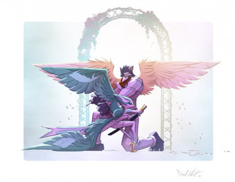 anthro beak breasts clothed clothing duo eyes_closed feathered_wings feathers female green_body green_feathers katana male male/female melee_weapon scarf spread_wings sword tail tail_feathers weapon wedding wings yellow_eyes david_lillie dreamkeepers mythology fae_winters igrath_winters avian bird gryphon mythological_avian mythological_creature 2023 hi_res