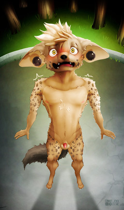 balls bodily_fluids claws desperation dramatic_lighting embarrassed erection exposed fangs flaccid flushed genitals half-erect male nervous nipples penis public public_nudity scared shocked solo submissive surprised sweat sweaty_body teeth toe_claws visible_penis wide_eyed rory_vwv willbur hyena mammal absurd_res hi_res