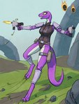 alternate_species anthro armor claws digitigrade dual_wielding female furrification group gun holding_object holding_weapon muzzle_flash outside ranged_weapon sky solo_focus unconvincing_armor weapon yellow_eyes yellow_sclera hungrydazzle risk_of_rain lemurian lesser_wisp hi_res