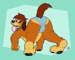 all_fours anthro black_nose blue_clothing blue_collar blue_underwear brown_body brown_ears brown_eyes brown_fur brown_hair brown_tail bulge butt clothing collar fur hair happy looking_at_viewer looking_back male multicolored_body multicolored_clothing multicolored_fur multicolored_underwear rear_view smile solo tail thick_thighs three-quarter_view tongue tongue_out two_tone_body two_tone_clothing two_tone_fur two_tone_underwear underwear white_clothing white_underwear doggettdouglasmcdog bunnicula_(series) harold_(bunnicula) canid canine canis domestic_dog mammal 2025 digital_media_(artwork) hi_res signature