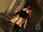 antennae_(anatomy) anthro blue_eyes boots bottomwear breasts cleavage cloak clothed clothing collar corset dagger female footwear hair hood legwear lingerie melee_weapon red_hair shoes skirt solo stockings text topwear weapon blx24 alien felid mammal 3d_(artwork) 4:3 digital_media_(artwork) english_text