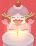 4:5 ambiguous_gender cake candle dessert food generation_6_pokemon happy neitsuke nintendo pattern_background pokemon pokemon_(species) red_background simple_background slurpuff smile solo tongue tongue_out