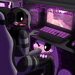 4_fingers ahoge anthro bangs big_penis biped black_body black_sclera blush blush_lines clothed clothing computer computer_mouse dialogue duo electronics fellatio female fingers gaming genitals grey_hair hair hand_on_leg hand_on_thigh headphones heart_symbol keyboard looking_at_another looking_down male male/female markings monotone_body one_eye_closed open_mouth oral panties penile penis pink_body playing_video_game sex sitting striped_markings stripes text three-quarter_view topwear underwear white_eyes oxyoxyoxyox cool_s team_fortress_2 valve licorice_(oxyoxyoxyox) marshmallow_(oxyoxyoxyox) amphibian axolotl lagomorph leporid mammal marine mole_salamander rabbit salamander 1:1 2023 artist_name digital_drawing_(artwork) digital_media_(artwork) english_text hi_res