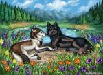 4_toes black_body black_fur blue_eyes brown_body brown_fur day detailed_background duo feet feral fur grass lying outside paws plant sky tan_eyes toes water white_body white_fur flashw hiona canid canine canis mammal wolf 2019 digital_media_(artwork)