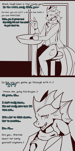 anthro blush clothes_bursting clothing dialogue feral_transformation gender_transformation implied_transformation male mid_transformation painful_transformation scarf shocked simple_background slow_transformation smile solo species_transformation tail teeth text transformation wings zephyrnights mythology dragon humanoid mythological_creature mythological_scalie scalie absurd_res comic english_text hi_res line_art long_image tall_image