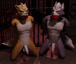 anthro ball_gag balls bdsm bondage bound dungeon duo gag gagged genitals glans kneeling nipples nude nude_male penis prison prison_bars prison_cell restrained restraints rope rope_bondage ollieotty enticia_(modeler) nintendo star_fox fox_mccloud wolf_o'donnell canid canine canis fox mammal wolf 3d_(artwork) blender_(artwork) digital_media_(artwork) hi_res