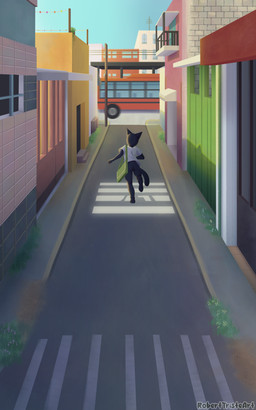 anthro bag clothing dirt grass male mexico plant running school shirt solo street t-shirt topwear roberttristeart fan_character domestic_cat felid feline felis mammal 5:8 absurd_res hi_res