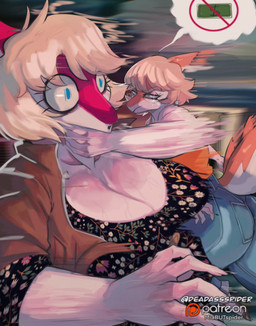 5_fingers abstract_background anthro big_breasts big_butt big_tail blonde_hair blue_eyes bone_frill bottomwear breasts brown_clothing brown_jacket brown_topwear bubble_butt butt camisole claws cleavage clothed clothing curvy_figure denim denim_bottomwear denim_clothing dress duo eyelashes eyewear female finger_claws fingers floral_dress floral_print frill_(anatomy) glasses hair huge_hips huge_thighs jacket jeans long_tail magenta_body magenta_scales mature_anthro mature_female motion_blur motion_lines multicolored_body multicolored_scales neck_grab orange_body orange_camisole orange_scales pants patreon_logo scales short_hair snout spiked_tail spikes spikes_(anatomy) tail text thick_thighs topwear two_tone_body two_tone_scales voluptuous voluptuous_anthro voluptuous_female white_body white_scales wide_hipped_anthro wide_hipped_female wide_hips deadassspider cavemanon_studios goodbye_volcano_high i_wani_hug_that_gator ko_op_(game_developer) patreon snoot_game mia_moretti naomi_(gvh) dinosaur hadrosaurid ornithischian ornithopod parasaurolophus prehistoric_species reptile scalie 2026 artist_name digital_drawing_(artwork) digital_media_(artwork) hi_res watermark sibling_(lore) sister_(lore) sisters_(lore)