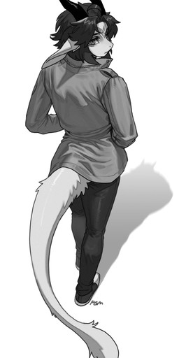 anthro biped bottomwear clothed clothed_anthro clothed_female clothing female footwear fully_clothed fully_clothed_anthro fully_clothed_female fur hair horn jacket looking_back pants rear_view shoes solo standing tail topwear white_body pgm300 mythology chabett dragon mythological_creature mythological_scalie scalie 2025 absurd_res digital_media_(artwork) greyscale hi_res monochrome sketch