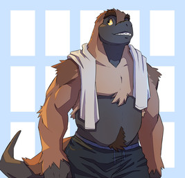 anthro athletic body_hair clothed clothing feathers happy_trail male pattern_background scales sharp_teeth simple_background solo tan_body tan_feathers teeth topless towel towel_on_shoulder yellow_eyes zhaqez dinosaur feathered_dinosaur feathered_scalie prehistoric_species reptile saurischian scalie theropod tyrannosaurid tyrannosauroid tyrannosaurus tyrannosaurus_rex hi_res