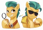 amber_eyes aquamarine_hair eyewear magnifying_glass male notebook pen sash solo sunglasses turquoise_hair marenlicious hasbro mlp_g5 my_little_pony hitch_trailblazer_(mlp) earth_pony equid equine horse mammal pony absurd_res digital_media_(artwork) hi_res