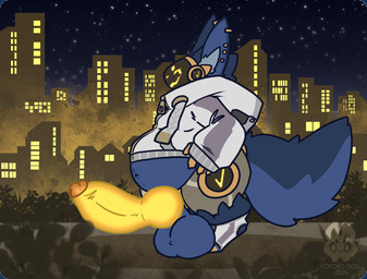 3_toes 4_fingers anthro balls big_balls big_penis big_tail blue_body blue_fur city clothing cybernetic_face cybernetics detailed_background ear_piercing feet fingers footwear fur genitals glowing glowing_genitalia glowing_penis half-closed_eyes hoodie knot looking_at_viewer machine male narrowed_eyes navel neck_tuft night overweight overweight_male penis piercing screen screen_face sky slightly_chubby smile socks solo stirrup_socks tail thick_thighs toes topwear tuft kokoro-doll voyager_(kokoro-doll) mammal protogen robot 2021 digital_media_(artwork) hi_res