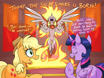butt evil_face eyes_closed female feral fire flag group regalia smile trio moonatik equestria_at_war friendship_is_magic hasbro my_little_pony applejack_(mlp) daybreaker_(mlp) twilight_sparkle_(mlp) earth_pony equid equine horse mammal pony hi_res