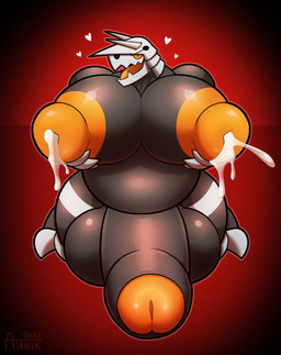 2021 absurd_res aggron ahnik anthro anthrofied armor balls big_balls big_breasts big_muscles big_pecs big_penis black_body black_penis bodily_fluids breast_milking breasts chron_(ahnik) conditional_dnp fan_character foreskin genitals glans hi_res huge_balls huge_muscles huge_penis humanoid_genitalia humanoid_penis hyper hyper_balls hyper_genitalia hyper_muscles hyper_nipples hyper_penis kneeling lactating male male_lactation markings milk multicolored_penis muscular natural_armor nintendo nipples orange_glans orange_nipples orange_penis orange_sclera orange_tongue pecs penis pokémon pokémon_(species) red_background signature simple_background solo tongue two_tone_penis video_games white_body white_markings