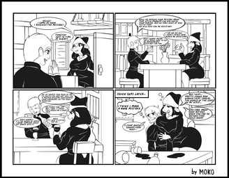 alcohol anthro beverage big_breasts black_border border breasts dialogue drunk duo female male male/female nun substance_intoxication text wine moko_(artist) teressa_(moko) bovid caprine goat human mammal comic english_text hi_res monochrome