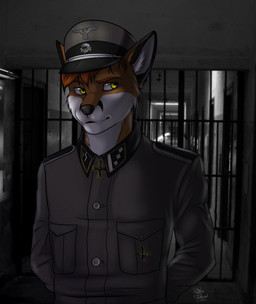 anthro brown_body brown_fur brown_hair clothed clothing cross fur hair half-closed_eyes hands_behind_back hat headgear headwear inner_ear_fluff inside iron_cross looking_aside male narrowed_eyes nazi photo_background prison prison_cell skull_and_crossbones smile solo tuft uniform white_body white_fur hastogs canid canine fox mammal hi_res photography_(artwork)
