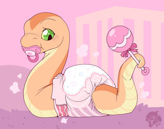ambiguous_gender blush clothing diaper feral furgonomics pacifier pink_clothing pink_diaper pink_pacifier playpen rattle solo bubblepuppers reptile scalie snake absurd_res hi_res pink_theme