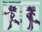 2_fingers 2_toes ambiguous_gender anthro biped feet fin fingers freckled_face freckles looking_at_viewer purple_body purple_skin solo tail tail_fin toes yellow_sclera argon_vile elias_bubblegill amphibian axolotl marine mole_salamander salamander hi_res model_sheet