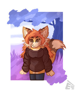 anthro brown_body brown_clothing brown_eyes brown_fur brown_stripes brown_sweater brown_topwear clothing cloud ear_stripes female fur grass grey_clothing grey_legwear grey_stockings hair leaf legwear looking_up orange_body orange_fur orange_hair plant purple_background simple_background solo stockings stripes sweater topwear tree white_body white_fur esti esti_(esti) canid canine fox mammal 2026 5:6 absurd_res hi_res