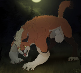 all_fours animal_genitalia anthro balls big_balls claws fangs full_moon fur genitals grass light looking_at_viewer male male_anthro moon moonlight muscular muscular_anthro muscular_male night orange_body orange_fur outside plant sheath snarling solo teeth tree whiskers yellow_eyes sepiaflux alperion caracal caracal_(genus) felid feline mammal werecreature werefelid 2025 hi_res