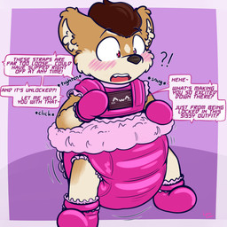 ^w^ ambiguous_gender anthro bondage_gear bondage_gloves booties border brown_body brown_fur brown_hair brown_nose clean_diaper clothed clothing dialogue diaper diaper_fetish diaper_under_clothing dress duo facial_markings fangs footwear fur gradient_fur hair handwear head_markings heart_eyes heart_symbol inner_ear_fluff interrobang looking_down machine markings multicolored_body multicolored_fur open_mouth orgasm_face pink_border pink_clothing pink_dress pink_footwear pink_handwear purple_background shocked simple_background speech_bubble spiral standing tan_body tan_fur tan_inner_ear_fluff teeth text tuft wearing_diaper ludis-luteo auror_(paddedpupprince) animate_inanimate canid canine canis domestic_dog mammal robot 2019 absurd_res artist_name english_text hi_res signature