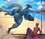 anthro beach big_breasts big_butt bikini bodily_fluids breasts butt clothed clothing duo female huge_breasts male multicolored_body sweat swimwear two-piece_swimsuit mrxrayfire activision mythology spyro_the_dragon nightshade_(dragonofdarkness1992) spyro dragon mythological_creature mythological_scalie scalie hi_res