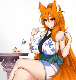 big_breasts breasts cake clothed clothing container crossed_legs cup cutlery dessert eyebrows eyelashes female food fork hair huge_breasts kitchen_utensils long_hair orange_hair red_eyes solo tea_cup tools airisubaka animal_humanoid canid canid_humanoid canine canine_humanoid fox_humanoid humanoid mammal mammal_humanoid 2019 absurd_res hi_res