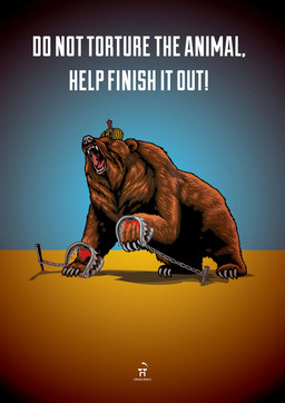 ambiguous_gender bear_trap blood blood_on_fur blue_background bodily_fluids brown_body brown_fur claws crown feral fur growling headgear open_mouth plantigrade politics propaganda propaganda_poster red_eyes red_star russia russian russian_federation simple_background solo teeth text trap_(contrivance) trapped ukraine ukrainian ukrainian_flag war wounded yellow_background andriy_yermolenko russo-ukrainian_war bear mammal 2022 digital_media_(artwork) english_text