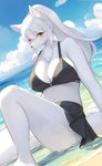 anthro beach blush breasts clothed clothing female fur hair kemono looking_at_viewer sand seaside smile solo water white_body lcshian canid canine fox mammal hi_res