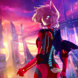 armor blonde_hair female future hair heterochromia machine power_armor science_fiction solo space sunset voidified bat mammal 1:1