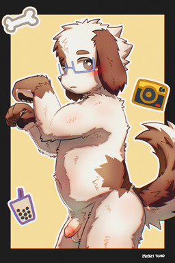 anthro balls black_nose blush butt eyewear floppy_ears fluffy fluffy_tail foreskin fur genitals glasses kemono looking_at_viewer male multicolored_body multicolored_fur nude nude_anthro nude_male penis pose profile slightly_chubby solo tail tan_body tan_fur two_tone_body two_tone_fur white_body white_fur young young_anthro young_male tcho canid canine canis domestic_dog mammal 2025 absurd_res hi_res
