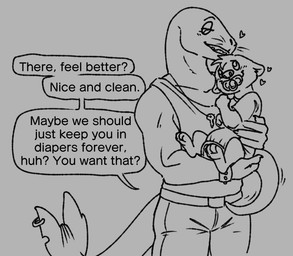anthro clothing dialogue diaper duo female heart_symbol holding_partner key key_around_neck male male/female onesie pacifier text ashtrayguts mammal marine mustelid otter pinniped seal english_text monochrome