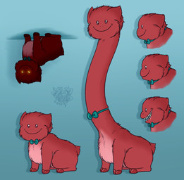 ambiguous_feral ambiguous_gender beady_eyes blue_background bodily_fluids bow_tie countershade_fur countershade_torso countershading disembodied_head drooling feral fur glowing glowing_eyes horror_(theme) long_neck looking_at_viewer open_mouth quadruped red_body red_fur saliva side_view simple_background sitting smile solo tail teal_bow_tie teeth yellow_eyes young young_ambiguous young_feral bloodandroses fluffy_pony fluffy_pony_(species) jellenheimer mammal 2026 digital_media_(artwork) english_description hi_res signature