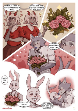 anthro canon_couple dialogue duo female flower horn kissing love male male/female plant rose_(flower) smile tail text awordnax beastars haru_(beastars) legoshi_(beastars) bovid canid canine canis caprine lagomorph leporid mammal rabbit wolf absurd_res comic english_text hi_res